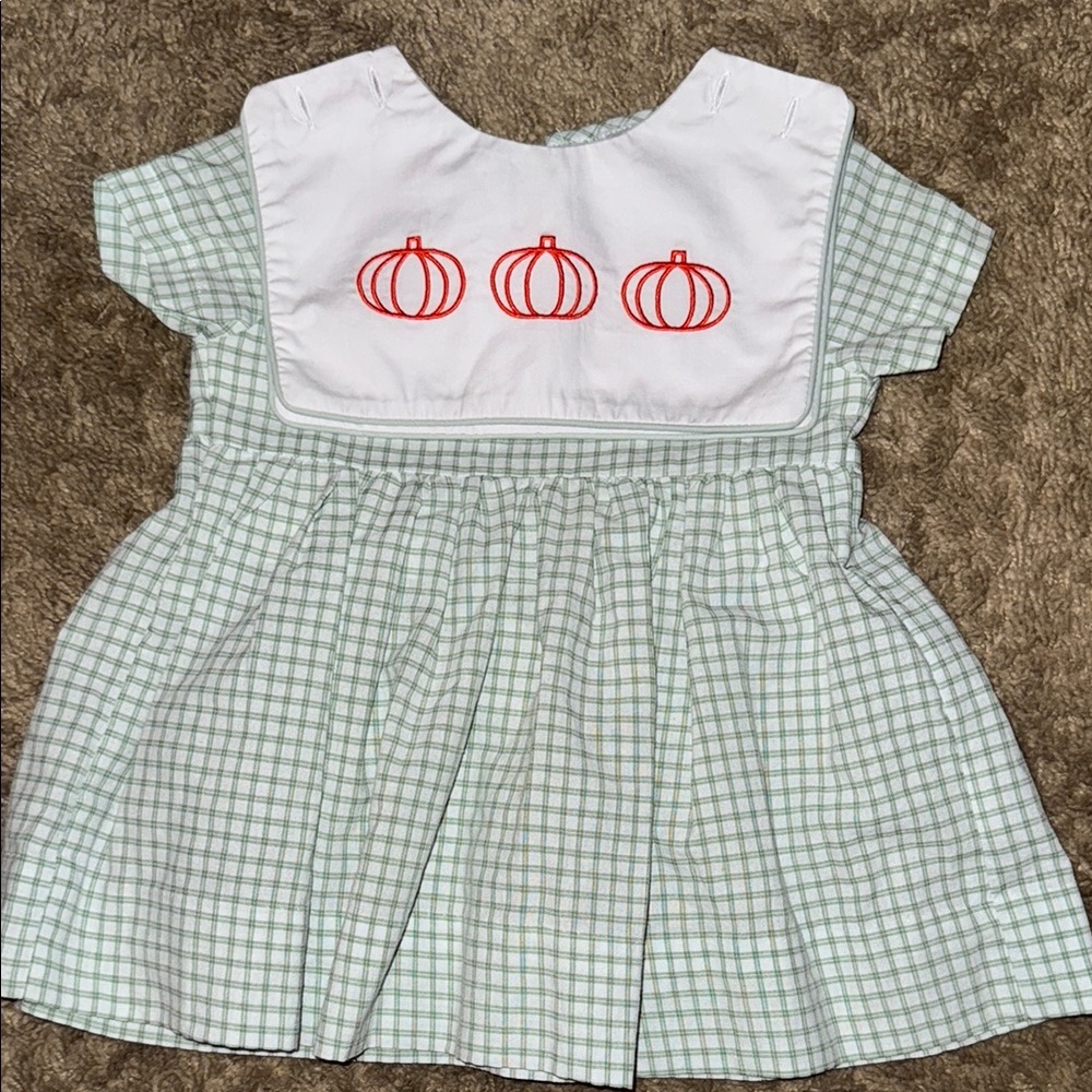 Children's Green Plaid Dress with Pumpkin Embroidery